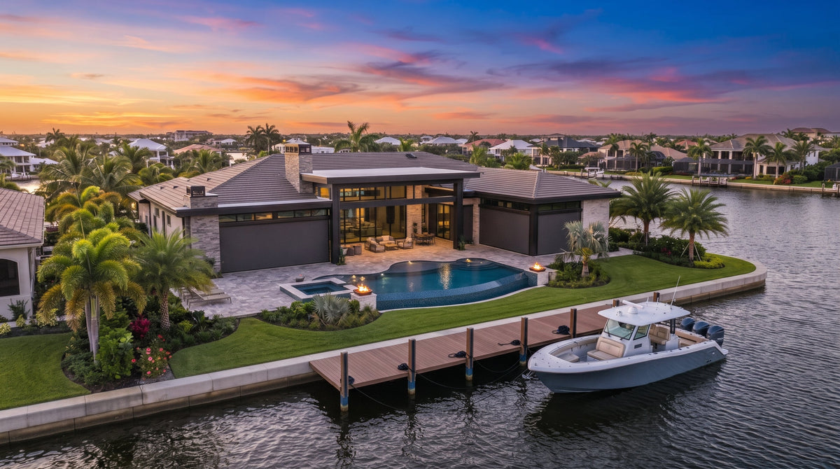 Modern Naples waterfront home at sunset where a home watch walkthrough would take place