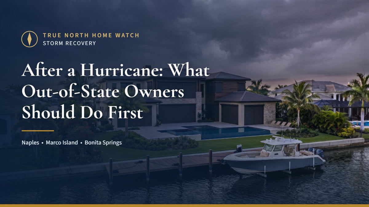 Southwest Florida waterfront home under storm clouds with the title After a Hurricane: What Out-of-State Owners Should Do First