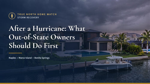 Southwest Florida waterfront home under storm clouds with the title After a Hurricane: What Out-of-State Owners Should Do First