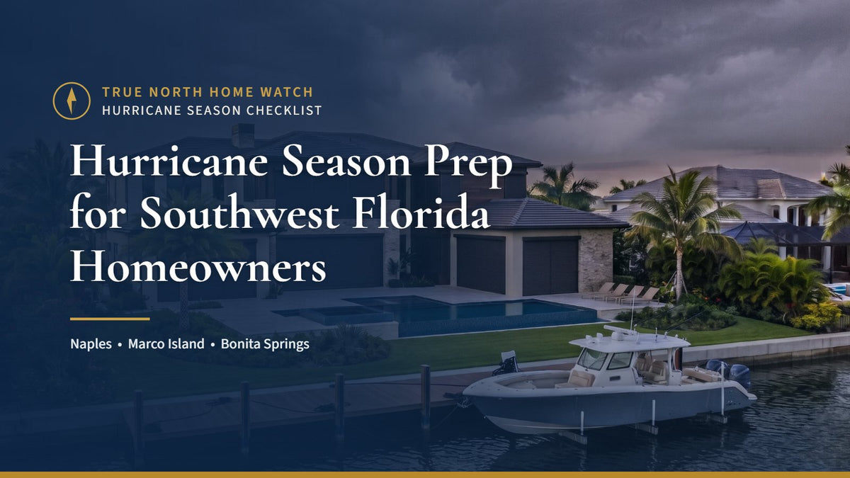 Southwest Florida waterfront home under gathering storm clouds with the title Hurricane Season Prep for Southwest Florida Homeowners