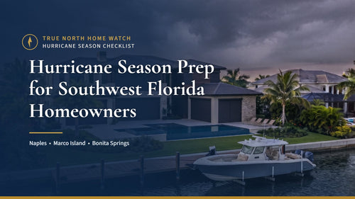 Southwest Florida waterfront home under gathering storm clouds with the title Hurricane Season Prep for Southwest Florida Homeowners