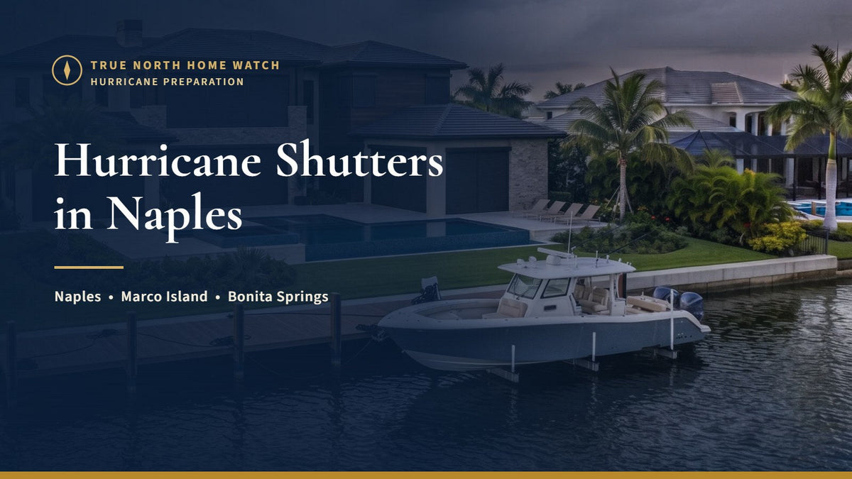 Southwest Florida waterfront home with storm shutters closed ahead of a hurricane, illustrating a guide to hurricane shutters in Naples