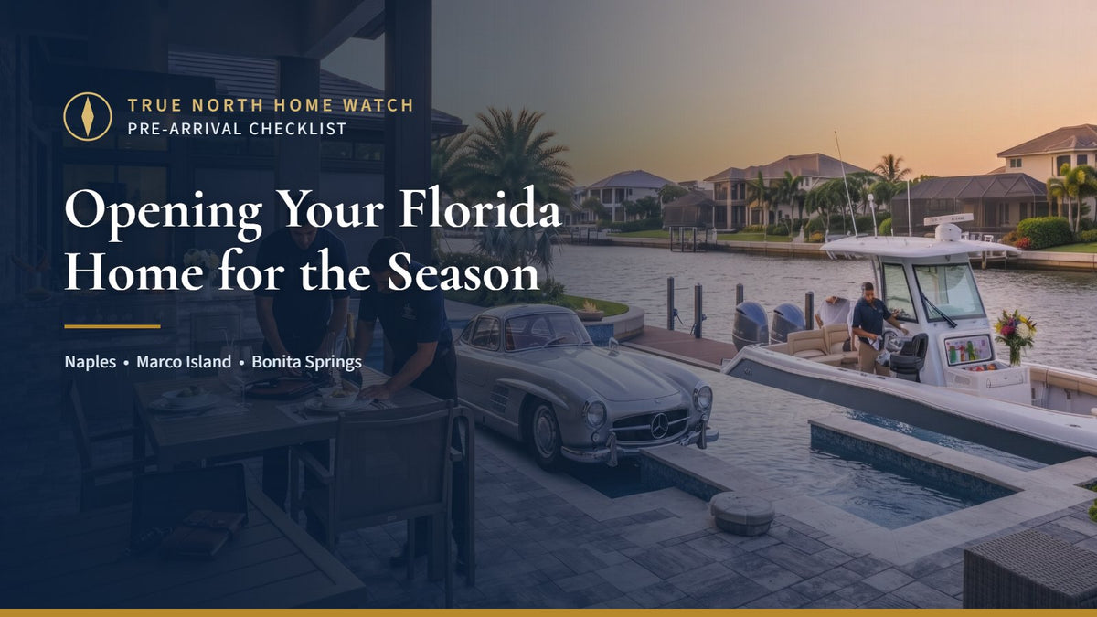 Naples waterfront home with a classic car and boat with the title Opening Your Florida Home for the Season