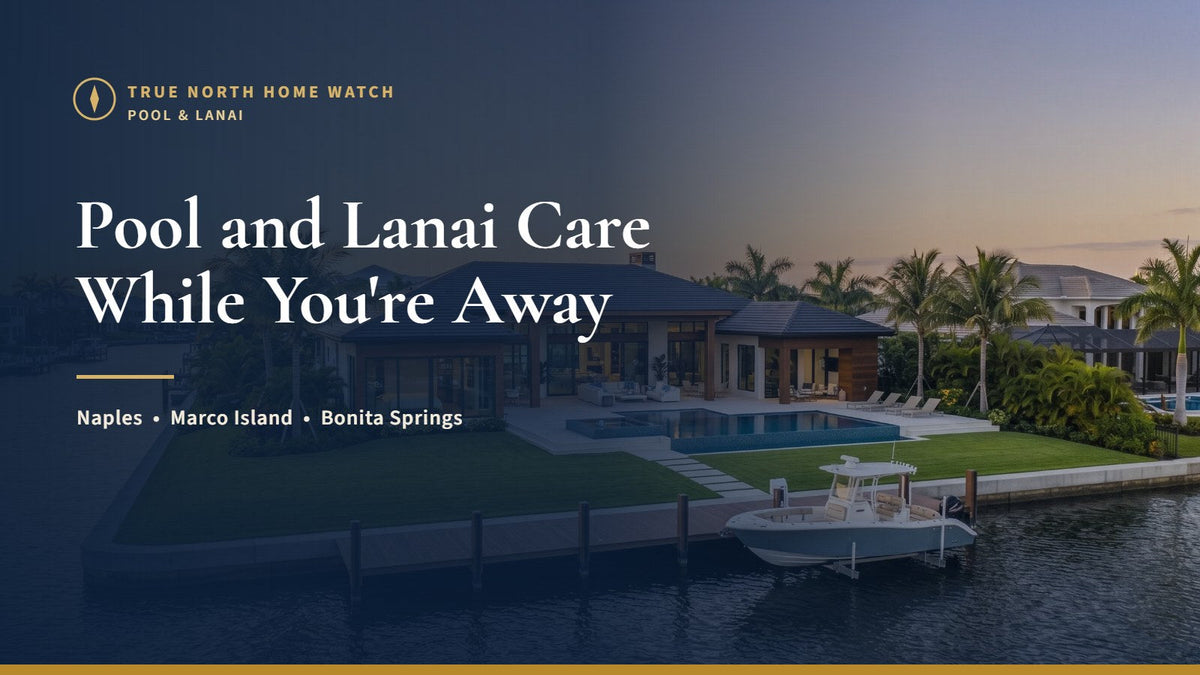 Southwest Florida waterfront home with a pool and lanai at golden hour, illustrating pool and lanai care for a vacant Florida home