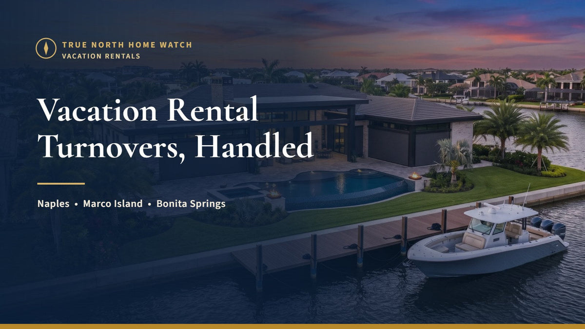 Luxury Southwest Florida waterfront home at sunset, ready for the next vacation rental guest turnover in Naples