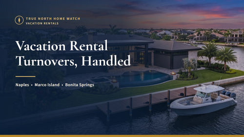 Luxury Southwest Florida waterfront home at sunset, ready for the next vacation rental guest turnover in Naples