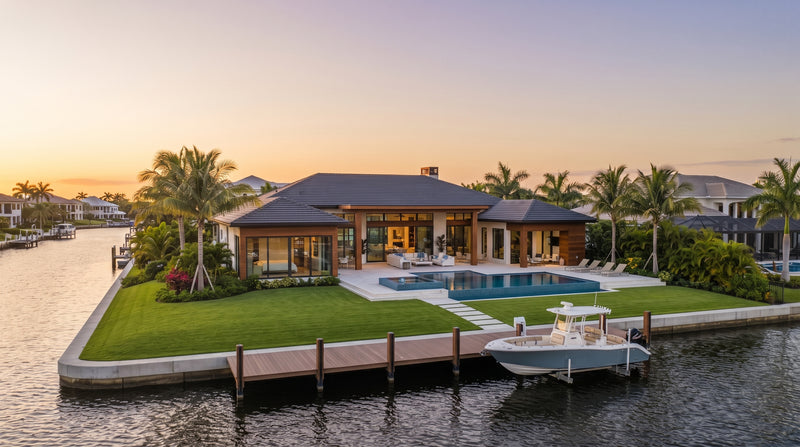 Waterfront home in Naples, Florida at golden hour, the hero image on the True North Home Watch site